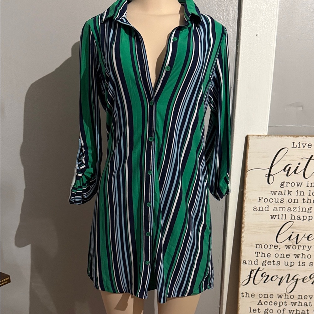 Striped Green and Blue Button-Up Shirt Dress